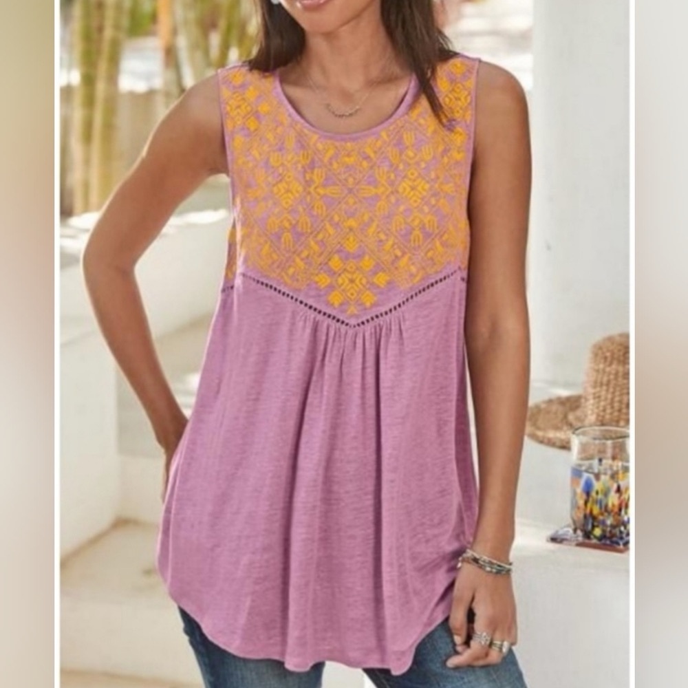 Sundance Women's Cantina Swing‎ Linen Embroidered Tank Top Pink Yellow Medium
